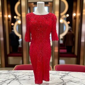 Vintage Styleworks Red Silk Beaded Cocktail Dress Holiday Glam Gala Party Size 1